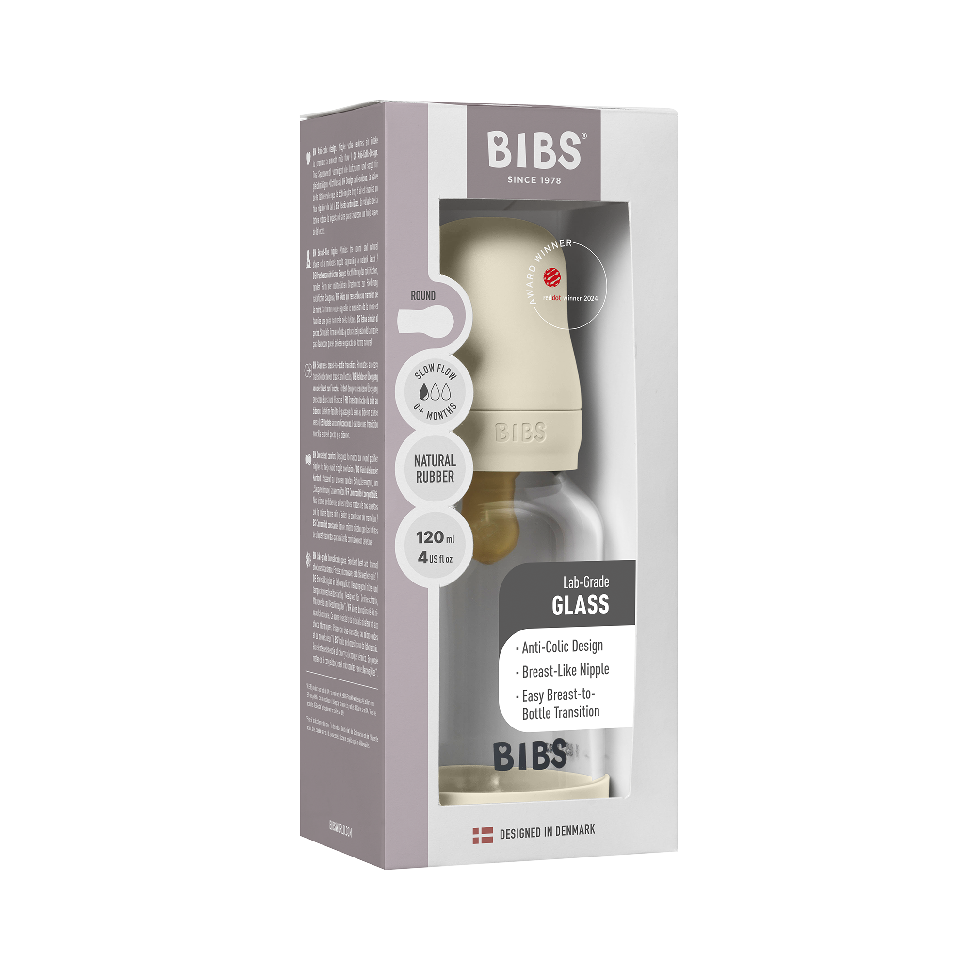 Bibs Glass Baby Bottle Round Latex 1 pack 120ml Slow Flow Ivory Bibs Glass Baby Bottle Round Latex 1 pack 120ml Slow Flow Ivory