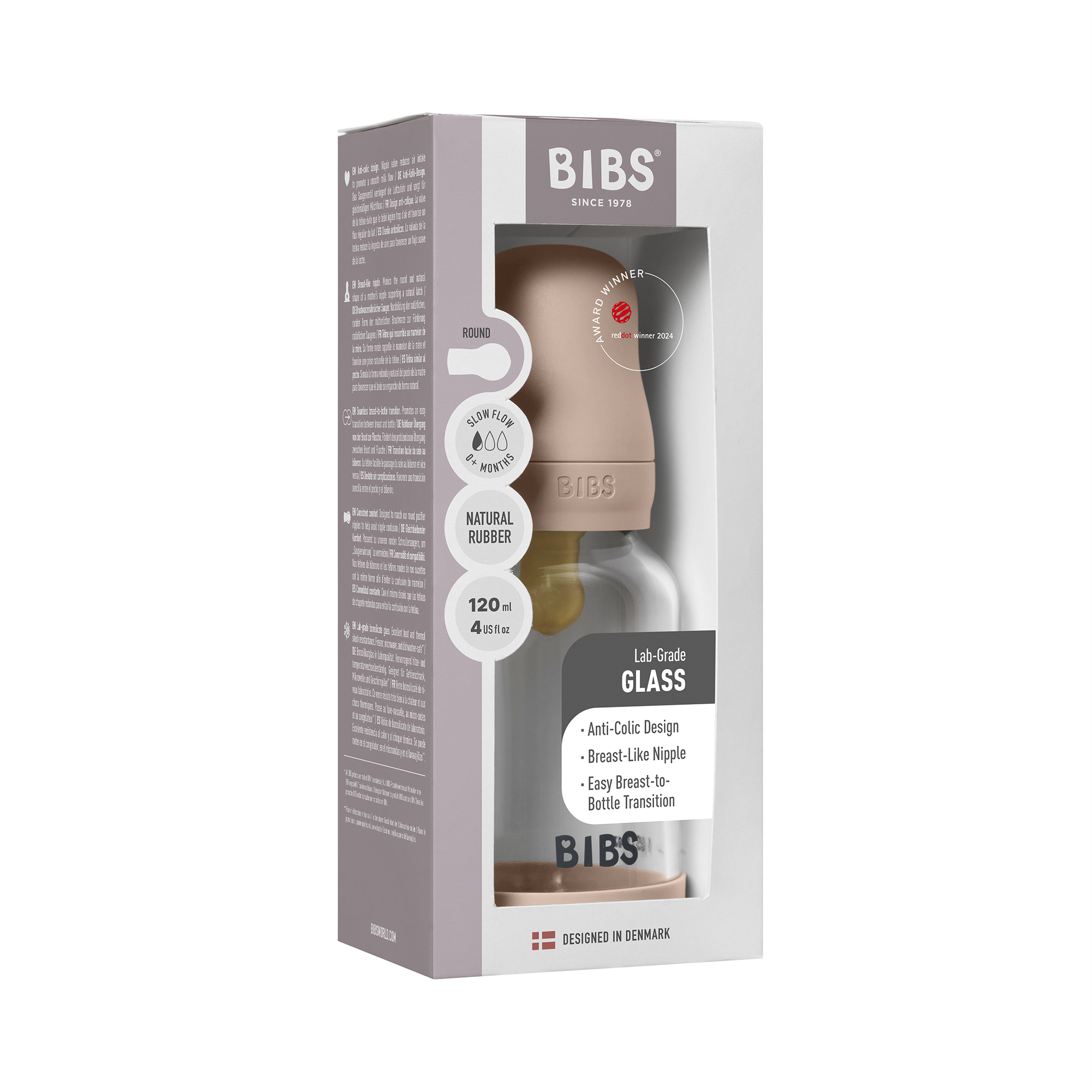 Bibs Glass Baby Bottle Round Latex 1 pack 120ml Slow Flow Blush Bibs Glass Baby Bottle Round Latex 1 pack 120ml Slow Flow Blush